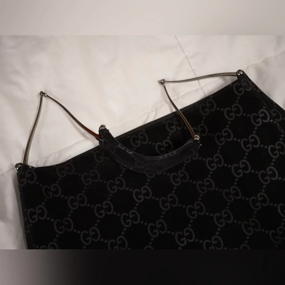 RARE Vintage Gucci Black Suede Monogram Metal Horsebit Strap Hobo Bag - Picture 11 of 17